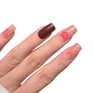 Brown and gradient pink square press-on nails with red heart and silver star patterns