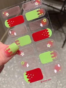 Detail of sweet strawberry nail stickers featuring 14 pieces with jelly glitter effects