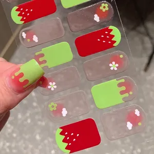 Sweet strawberry nail art stickers with clear jelly finish and floral patterns