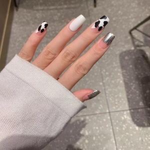 Autocollants ongles longs carrés motif vache, blancs et argent métallisé holographique
