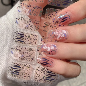 Autocollants ongles dégradés fleurs françaises avec lignes violettes et paillettes argent