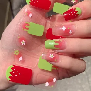 Sweet strawberry and flower nail art stickers with pink green gradient design