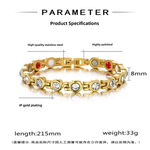 Détails du bracelet magnétique en acier doré de 8mm avec zircons et dimensions
