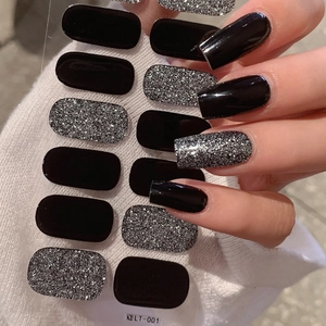 Autocollants Ongles Full Wrap Noir et Argent Pailleté LT-001 Décalcomanies en Résine Imperméables Longue Durée pour Femme Décoration DIY