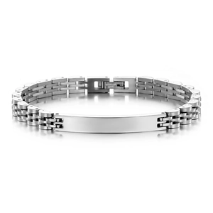Polished 6mm stainless steel 5-link bracelet with engravable ID plate and folding clasp