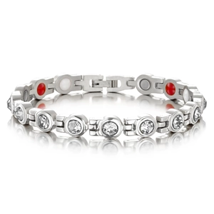 Bracelet de thérapie magnétique en acier inoxydable argenté avec zircons ronds brillants