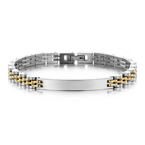 Detail of 6mm two-tone stainless steel watch-style bracelet with polished curved nameplate