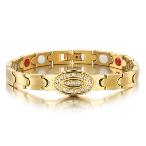 Luxury Stainless Steel Magnetic Therapy Bracelet Rhinestone Evil Eye Design Unisex Health Jewelry Polished Finish Gift