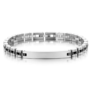 Polished silver and black stainless steel link bracelet with blank rectangular metal plate