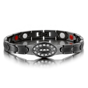Black stainless steel magnetic therapy bracelet with eye-shaped zircon inlay and stones
