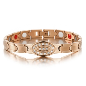 Luxury rose gold magnetic bracelet with sparkling diamonds and polished stainless steel finish