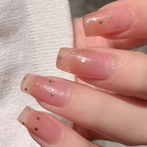 Autocollants ongles dégradé rose avec étoiles dorées et paillettes, forme carrée