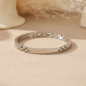 Sleek 6mm stainless steel link bracelet with a smooth polished curved ID plate center