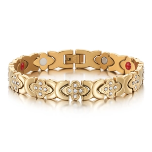 Bracelet Magnétique en Acier Inoxydable Trèfle à Quatre Feuilles Mode Incrusté de Strass Bijoux de Santé pour Hommes Femmes Or Argent