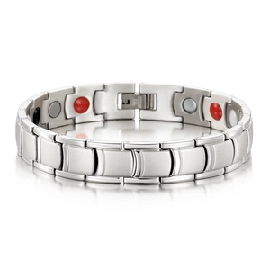 Macro shot of stainless steel links with functional magnetic therapy inlays and clasp
