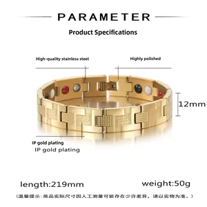 Dettaglio bracciale magnetico da 12 mm in acciaio inossidabile dorato con pietre energetiche