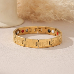 Bracciale magnetico largo in acciaio inossidabile dorato con motivo greco per uomo