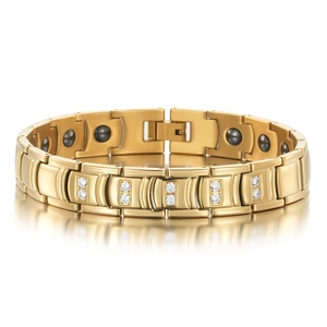 Bracelet Unisexe Exquis en Acier Inoxydable Plaque Or Bracelet à Maillons Géométriques Incrusté de Strass Énergie Magnétique Bijoux