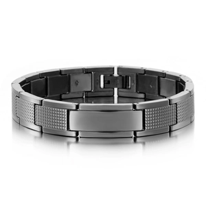 Herrenarmband aus schwarzem Edelstahl mit glatter Identifikationsplatte und Strukturgliedern