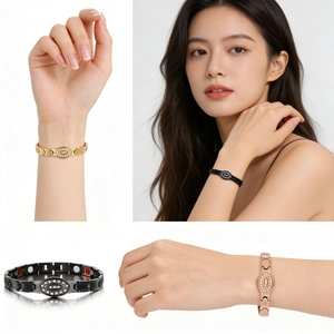 Detail of magnetic therapy bracelets with rhinestones in black, gold, and rose gold finish