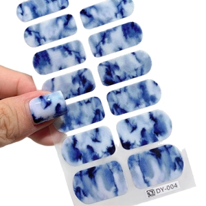 Blue ink marble self-adhesive nail stickers set DY-004 with 14 pieces on white background