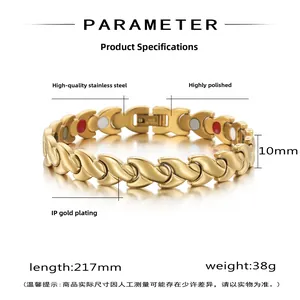 Macro detail of gold stainless steel link bracelet with magnetic health stones inner