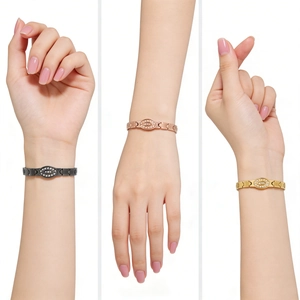 Detailed comparison of steel magnetic bracelets in black, rose gold, and gold with crystals