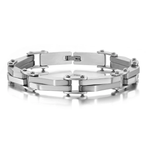 Bracelet industriel en acier inoxydable argenté avec maillons géométriques polis