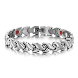 Polished silver stainless steel fishtail magnetic therapy bracelet with healing stones