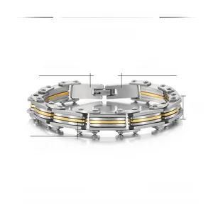 Macro view of 9mm two-tone stainless steel men's chain with gold plating and engraving