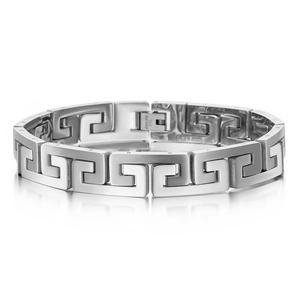 Polished stainless steel men's bracelet featuring a classic Greek key geometric pattern