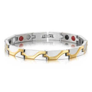 Minimalistisches Magnetarmband aus Edelstahl mit Goldwellen-Design und Gesundheitsperlen
