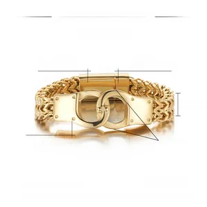 Detail of 12mm NK curb chain bracelet with gold-plated stainless steel handcuffs buckle