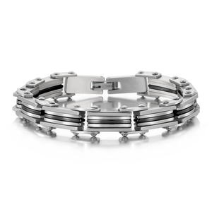 Polished stainless steel men's layered bracelet with black silicone inserts on white background