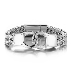 Men's silver stainless steel wheat chain bracelet with unique handcuff link design