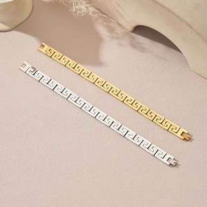 Polished stainless steel men's bracelets featuring Greek key pattern in gold and silver
