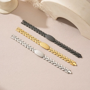 Sleek wheat chain bracelet set in grey, gold, and silver finishes with polished metal bar