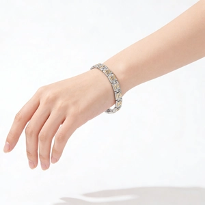 Silver and gold stainless steel link bracelet featuring Greek meander patterns for men and women