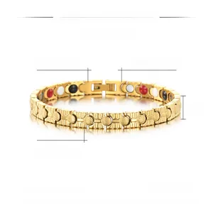 Detail view of 7mm wide gold plated stainless steel therapy bracelet with specs