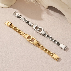 Men's stainless steel handcuff bracelets set in gold and silver wheat chain design