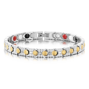 Two-tone gold and silver stainless steel magnetic health bracelet with textured links