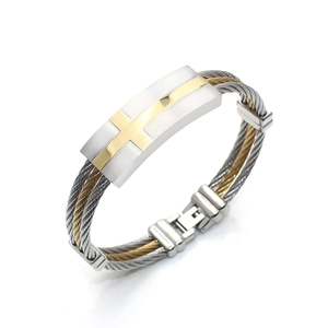 Detail of three-strand woven steel cable bracelet with golden cross plate for men