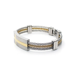 Three-row steel cable men's bracelet with gold cross accent and clasp closure