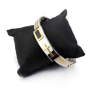 Men's two-tone braided stainless steel cable bracelet with gold cross and black inlay