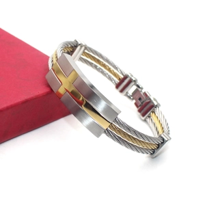 Mens two-tone braided wire cable bracelet with gold cross and stainless steel clasp