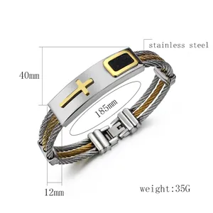 Three-row woven stainless steel men's bracelet with golden cross plate and dimensions