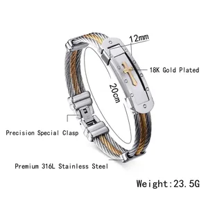 Pulsera de hombre de acero inoxidable con cruz en plata y oro con medidas dadas