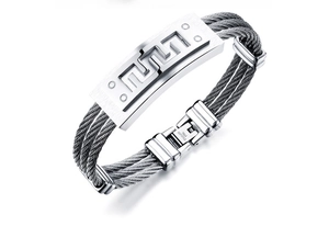 Men's stainless steel wire cable bracelet with geometric pattern plate on white background