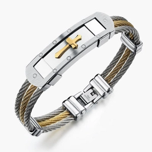Pulsera de Hombre de Acero de Titanio con Cruz Industrial Tejido de Cable Dorado Plateado Joyería Religiosa para Regalo