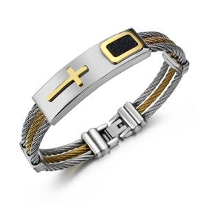 Men's Industrial Stainless Steel Cross Braided Bracelet Two-tone Gold Silver Wire Woven Bangle Religious Jewelry Gift